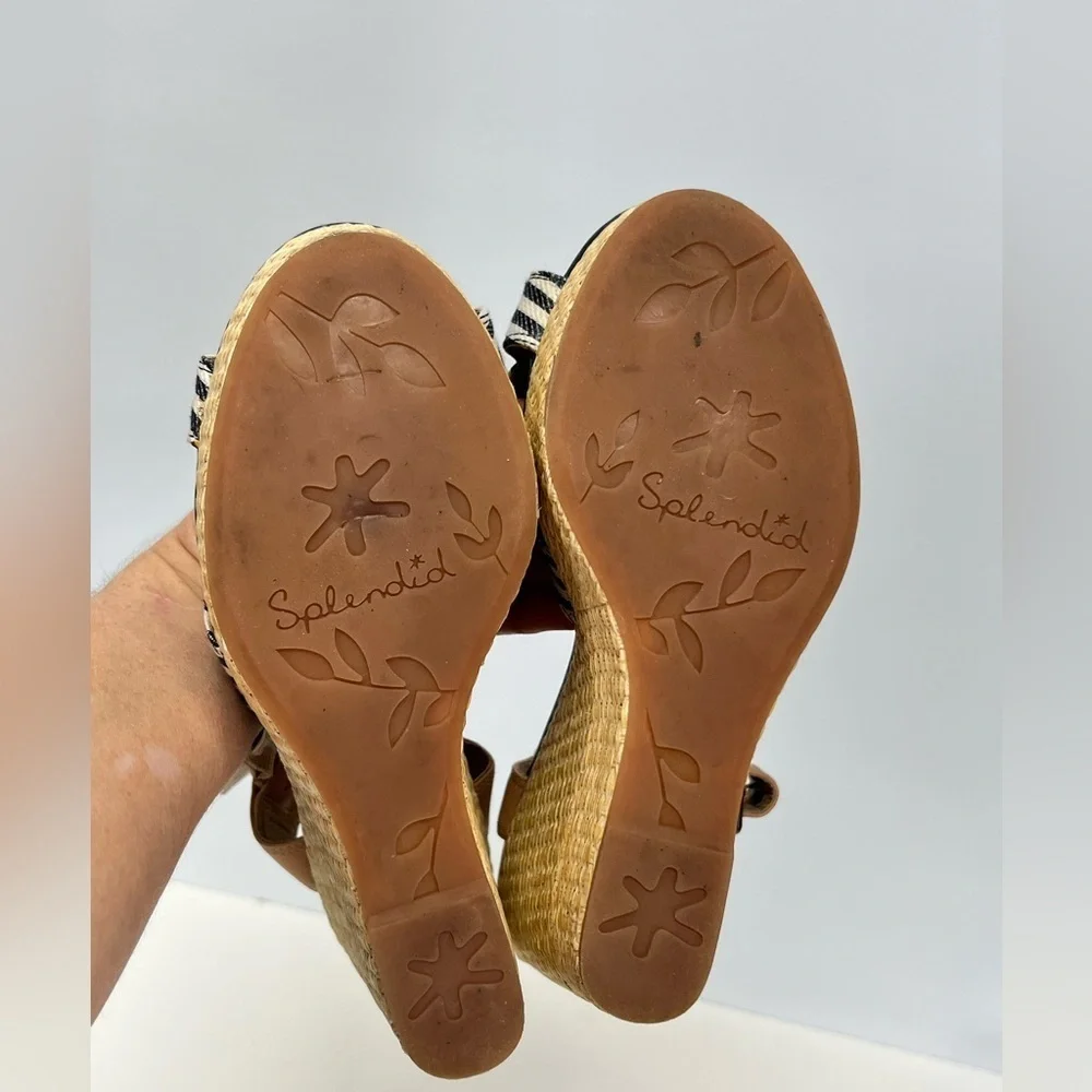 SPLENDID Tan with Blue and white stripe wedge sandals size 7.